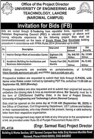 University of Engineering & Technology Lahore Tender Notice